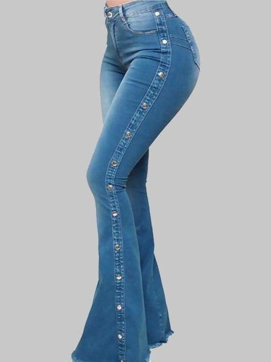 High Waist Stretch Mopping Flared Trousers DEN210517166BLUS Blue / S