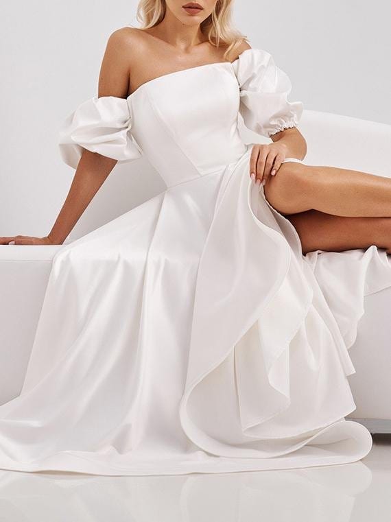 High Waist White One-shoulder Big Swing Dress