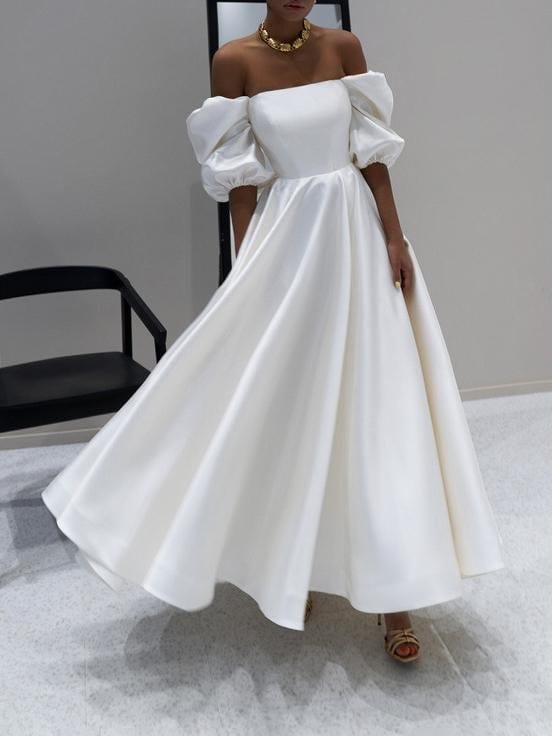 High Waist White One-shoulder Big Swing Dress