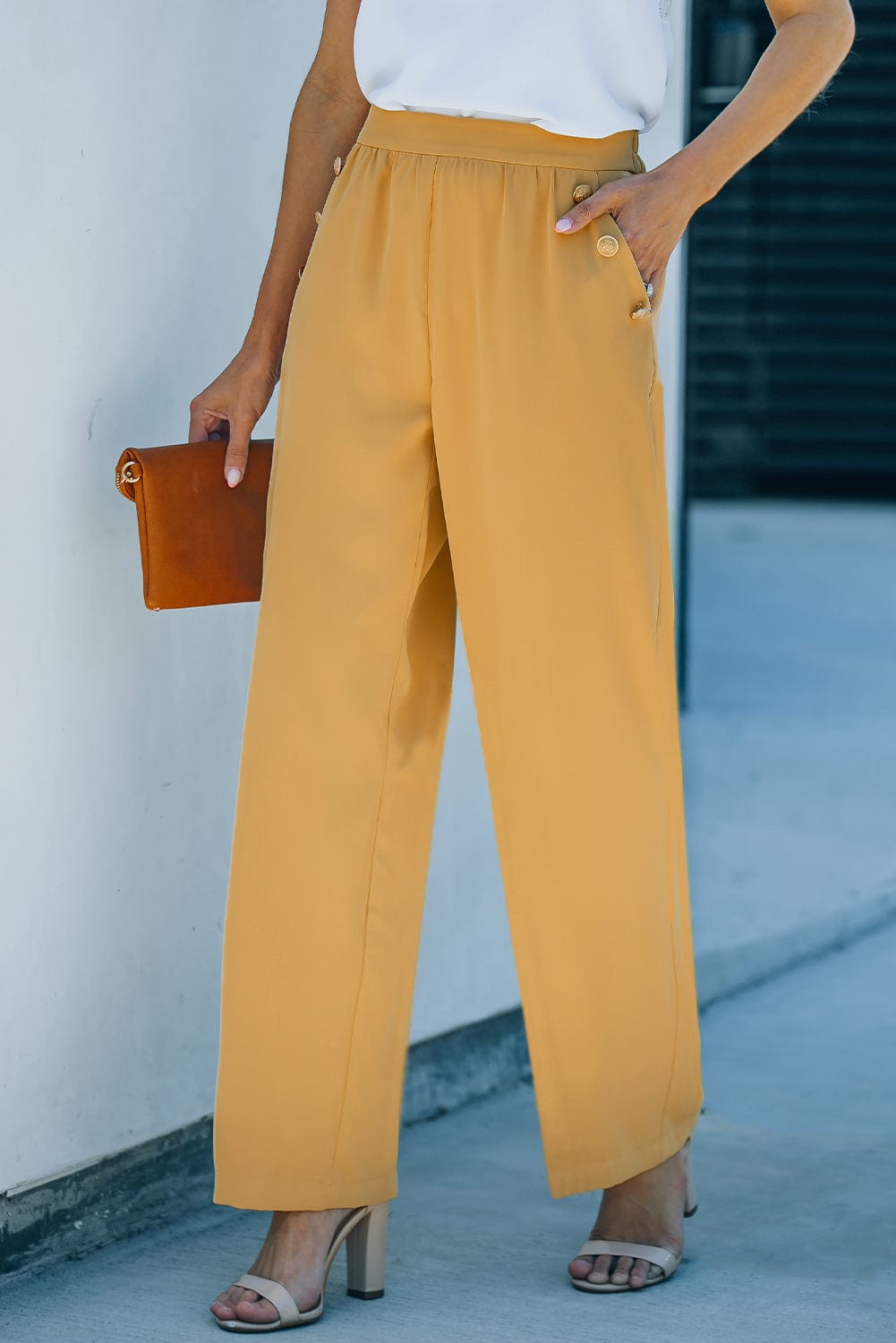 High Waist Wide Leg Pants with Pockets MS231013012452FS Yellow / S