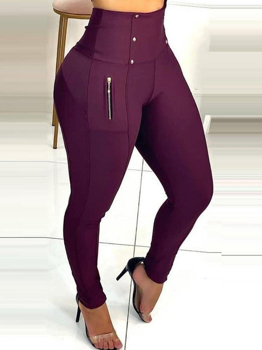 High Waist Zipper Design Skinny Pants PAN210504082S Wine Red / S