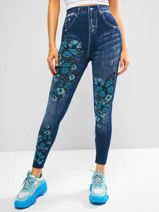 High Waisted 3D Print Butterfly Jeggings ACT210226266BLU Blue / One Size