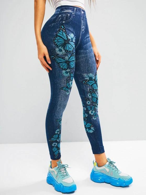 High Waisted 3D Print Butterfly Jeggings for Women ACT210226266BLU Blue / One Size