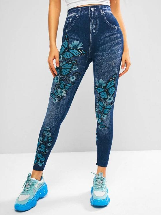 High Waisted 3D Print Butterfly Jeggings for Women ACT210226266BLU Blue / One Size