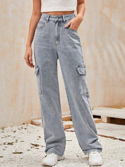 High-Waisted Patch Pocket Straight Jeans