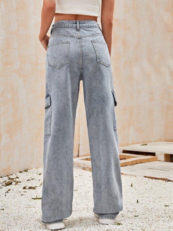 High-Waisted Patch Pocket Straight Jeans