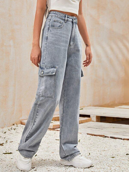 High-Waisted Patch Pocket Straight Jeans temp2021724712 S / Light Blue