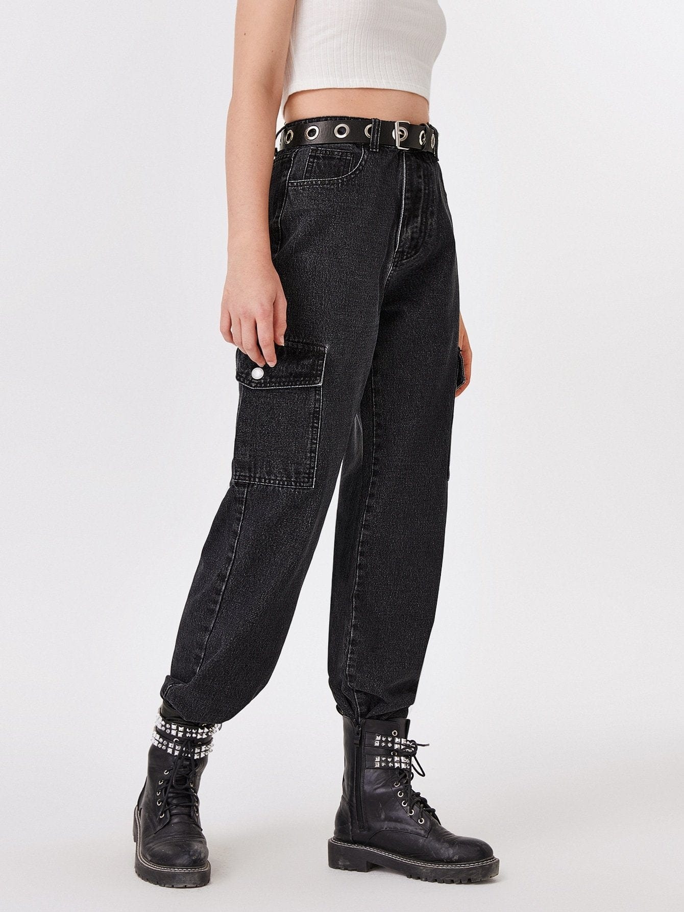 High-Waisted Patch Pocket Straight Jeans temp2021497792 S / Black
