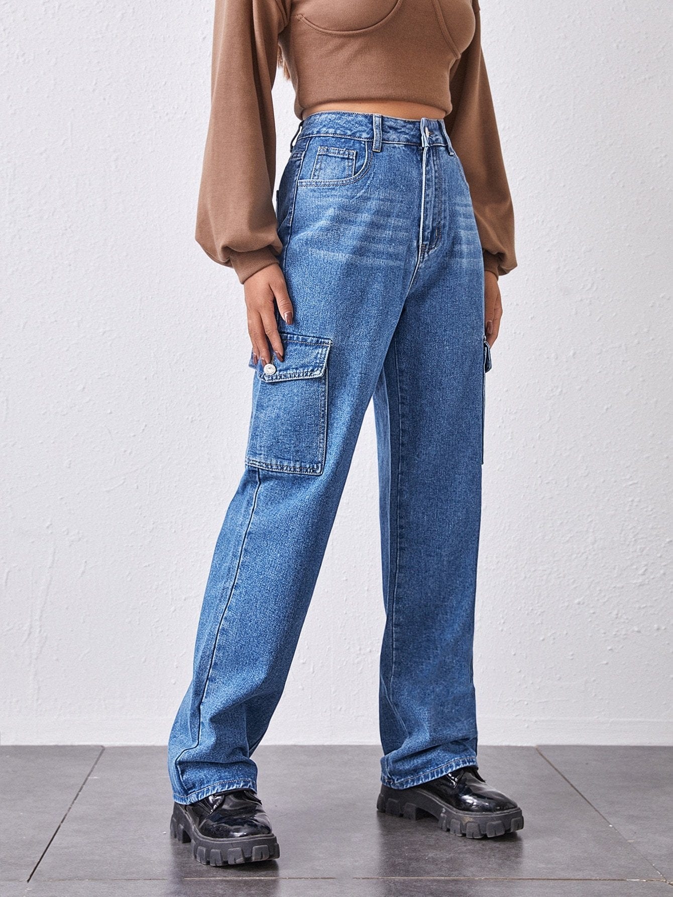 High-Waisted Patch Pocket Straight Jeans