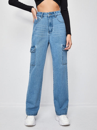 High-Waisted Patch Pocket Straight Jeans