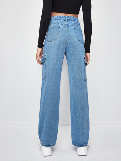 High-Waisted Patch Pocket Straight Jeans