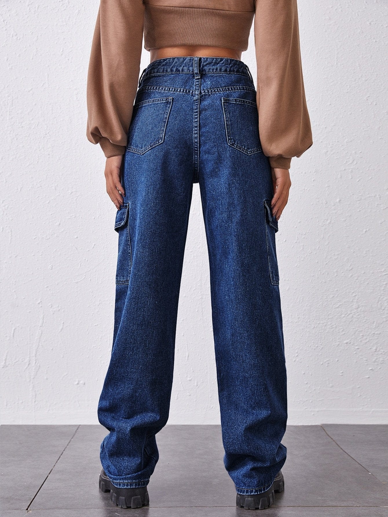 High-Waisted Patch Pocket Straight Jeans