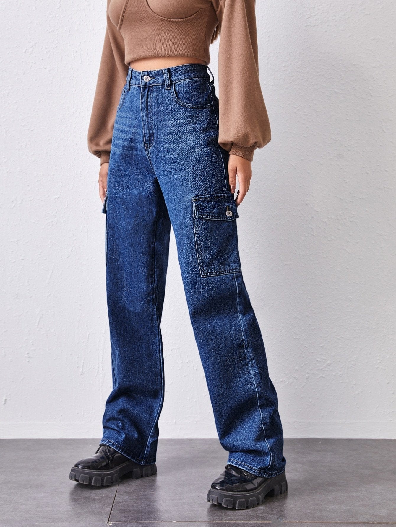 High-Waisted Patch Pocket Straight Jeans