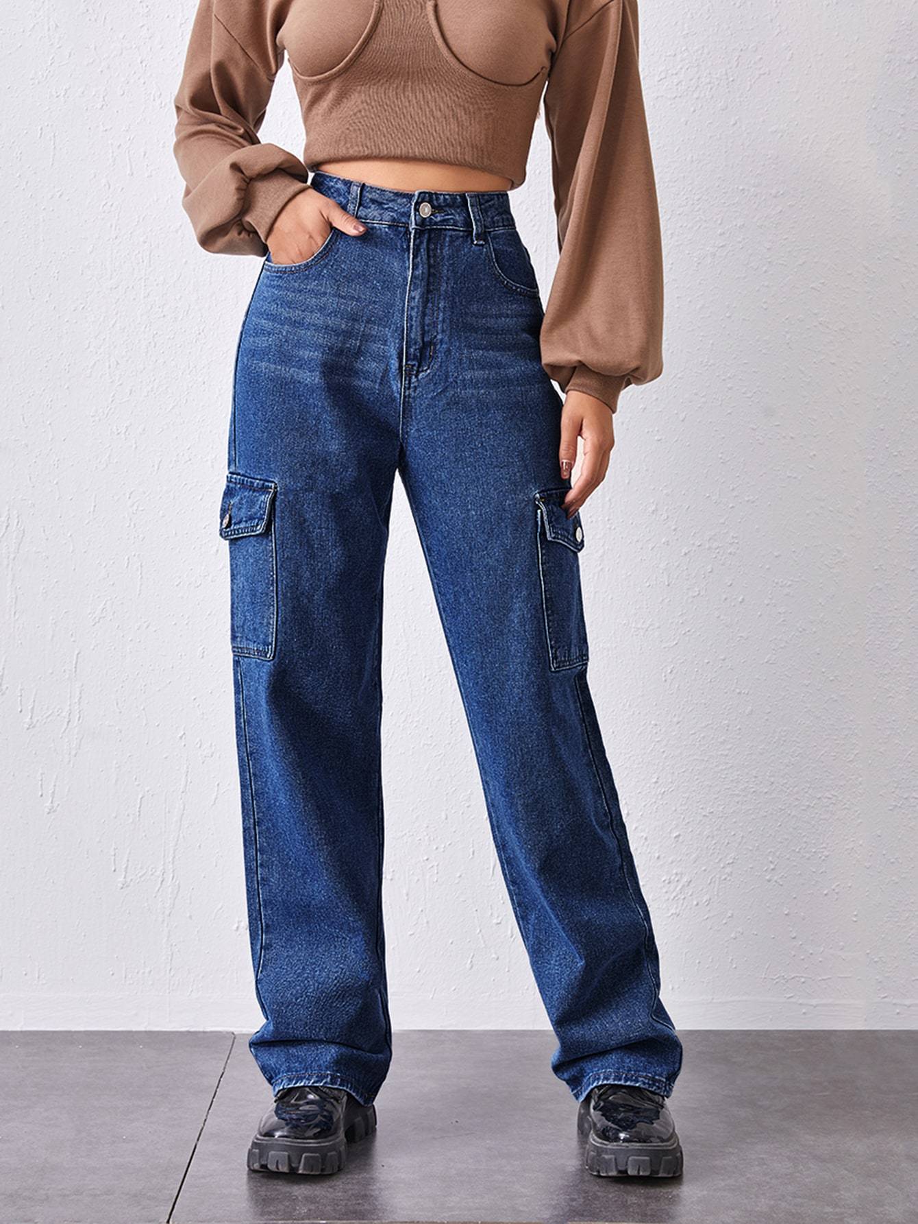 High-Waisted Patch Pocket Straight Jeans