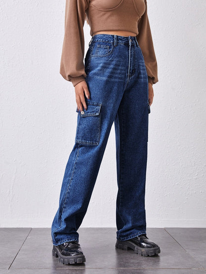 High-Waisted Patch Pocket Straight Jeans temp2021384680 S / Dark Wash