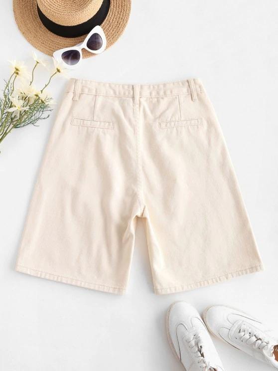 High Waisted Pocket Denim Bermuda Shorts