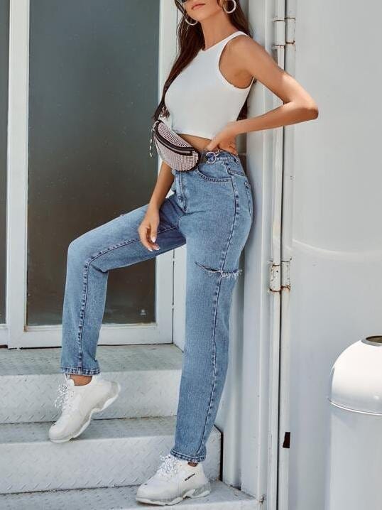 High-Waisted Ripped Solid Mom Straight Leg Jeans