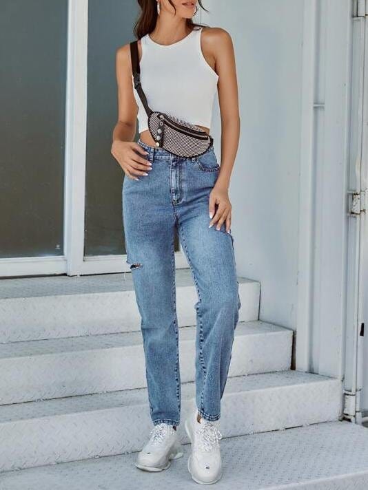 High-Waisted Ripped Solid Mom Straight Leg Jeans