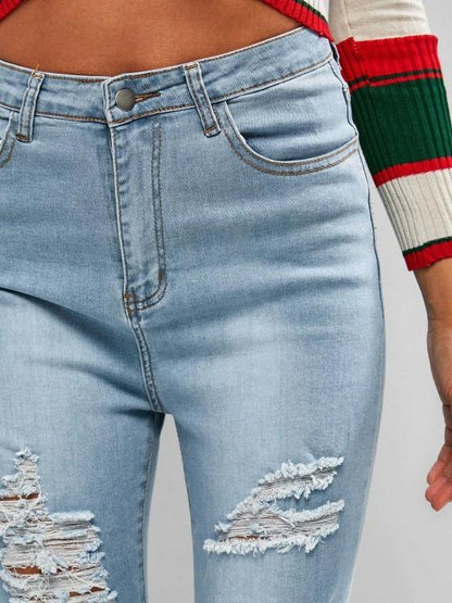 High Waisted Ripped Zipper Fly Jeans