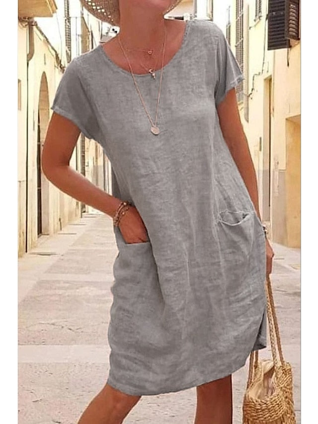 Women's Shift Dress Knee Length Dress Short Sleeve Pure Color Pocket Spring Summer Crew Neck Basic Casual Classic Loose  S M L XL 2XL 3XL 4XL 5XL / Cotton