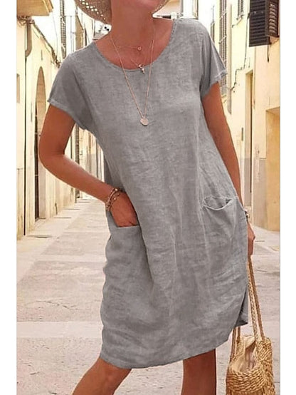 Womenâ€˜s Shift Dress Knee Length Dress Short Sleeve Pure Color Pocket Spring Summer Crew Neck Basic Casual Classic Loose 2023 S M L XL 2XL 3XL 4XL 5XL / Cotton - LuckyFash™