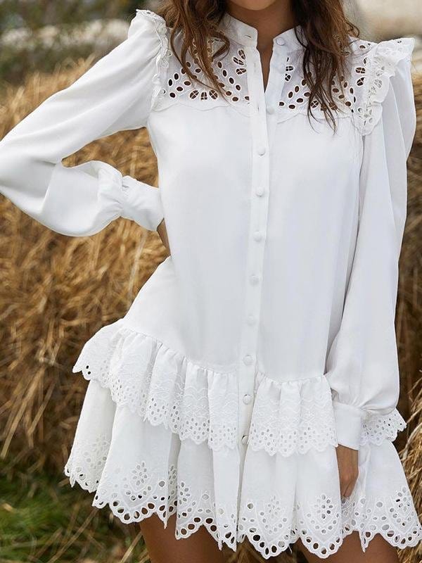 Hollow Lace Shirt Dress DRE2106180625WHIS White / S