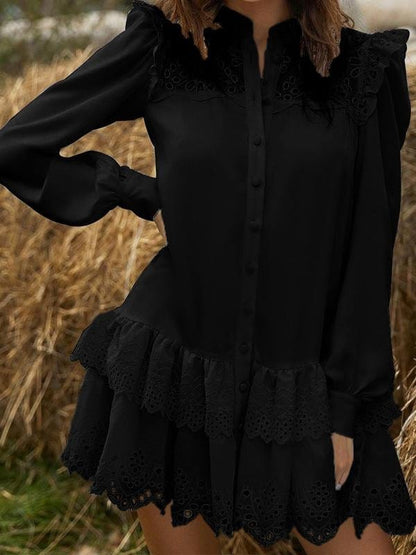 Hollow Lace Shirt Dress DRE2106180625BLAS Black / S