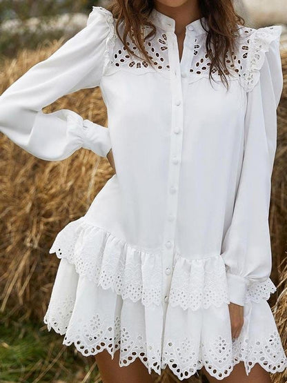 Hollow Lace Shirt Dress for Women DRE2106180625WHIS White / S