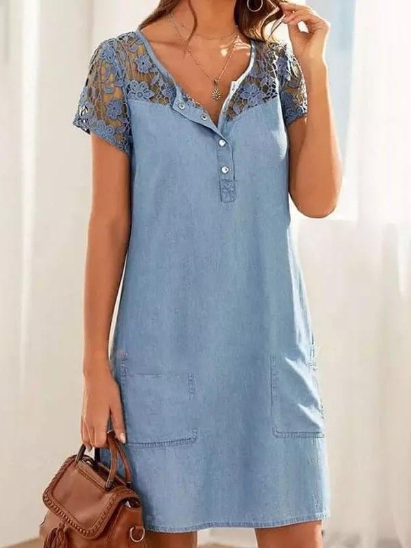 Hollow Lace Short-sleeved Denim Dress DRE2105241088BLUS Blue / S