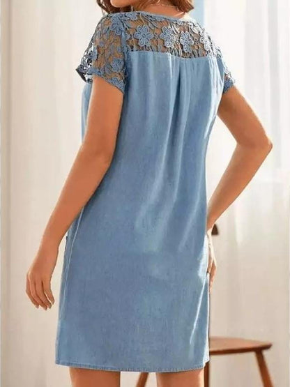 Hollow Lace Short-sleeved Denim Dress