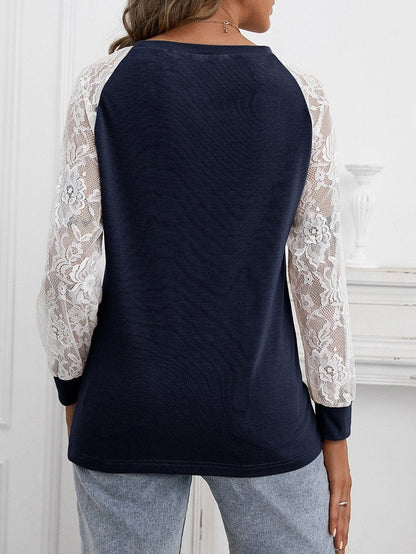 Hollow Lace Stitching Long-sleeved Round Neck T-shirt