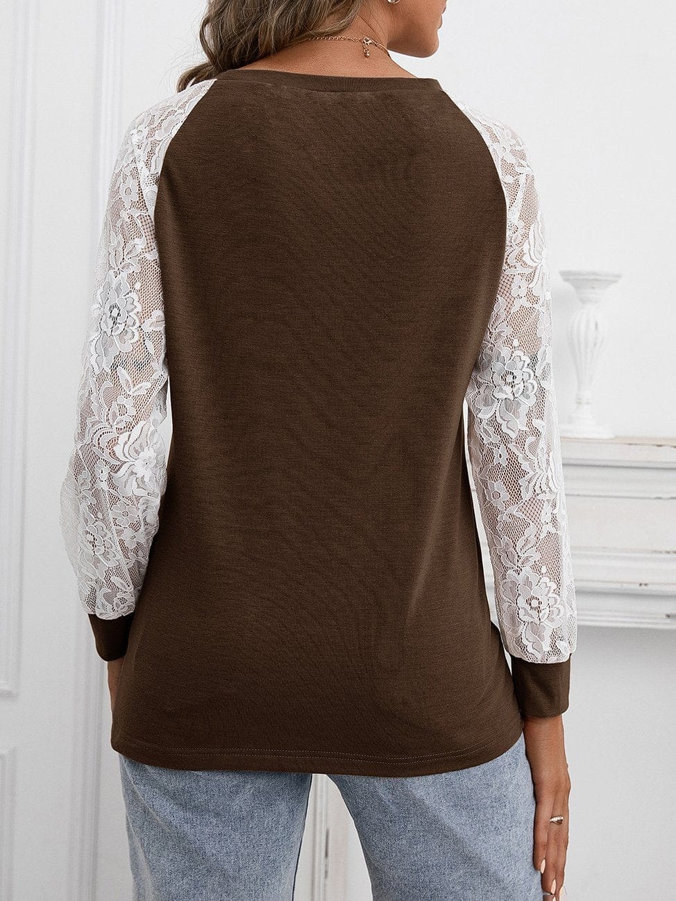 Hollow Lace Stitching Long-sleeved Round Neck T-shirt