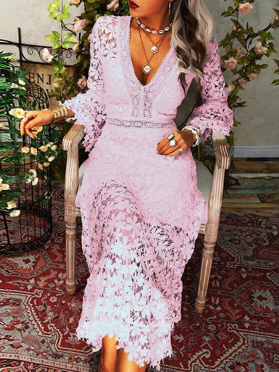 Hollow Lace V-Neck Long Sleeve Dress cc1DRE2108272489PINS Pink / 2 (S)