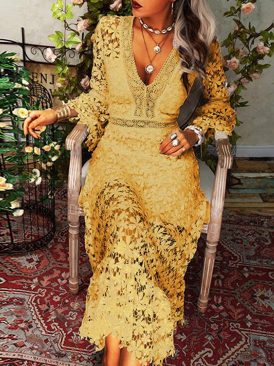 Hollow Lace V-Neck Long Sleeve Dress cc1DRE2108272489YELS Yellow / 2 (S)