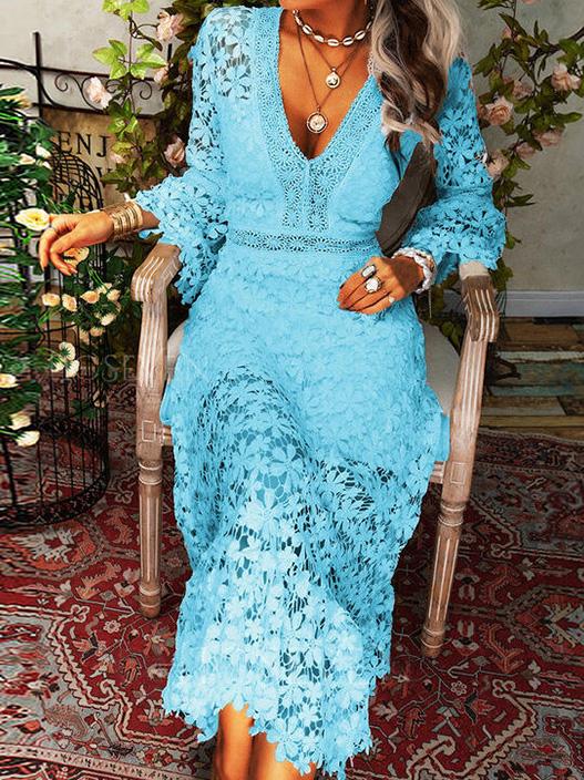 Hollow Lace V-Neck Long Sleeve Dress cc1DRE2108272489BLUS Blue / 2 (S)