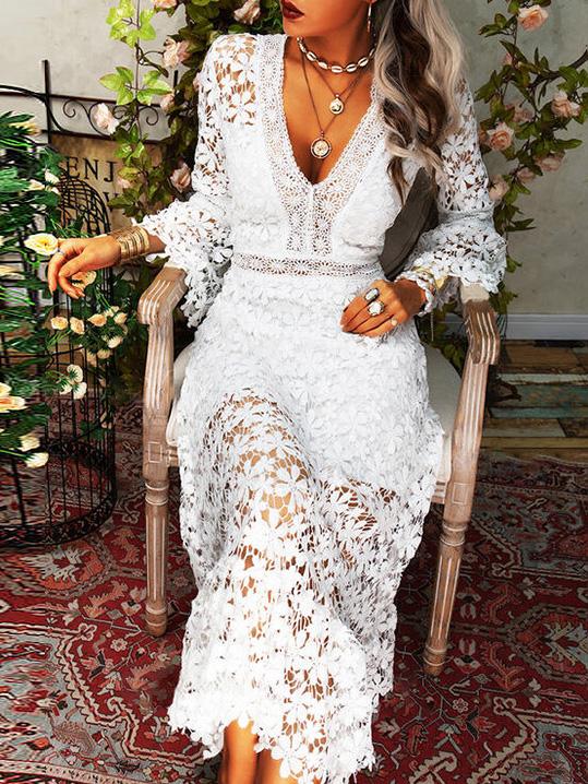 Hollow Lace V-Neck Long Sleeve Dress