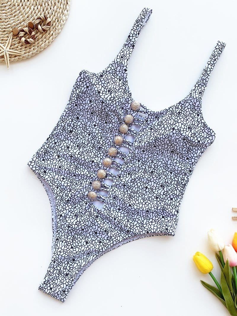 Hollow One-piece Swimsuit With Printed Buttons