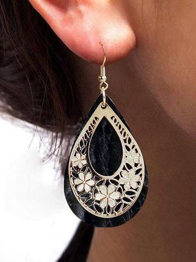 Hollow Out Floral Water Drop Leather Earrings BUY210303409 Black