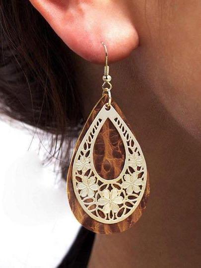 Hollow Out Floral Water Drop Leather Earrings BUY210303409 Black