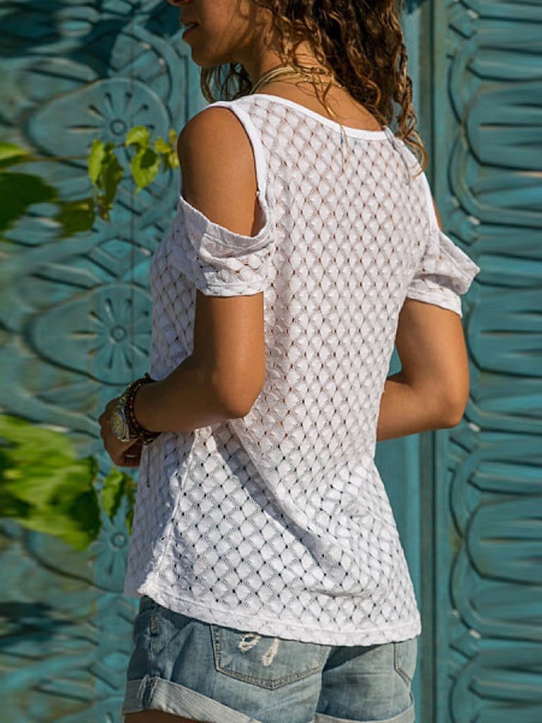 Hollow Round Neck Off Shoulder Short Sleeve T-Shirt