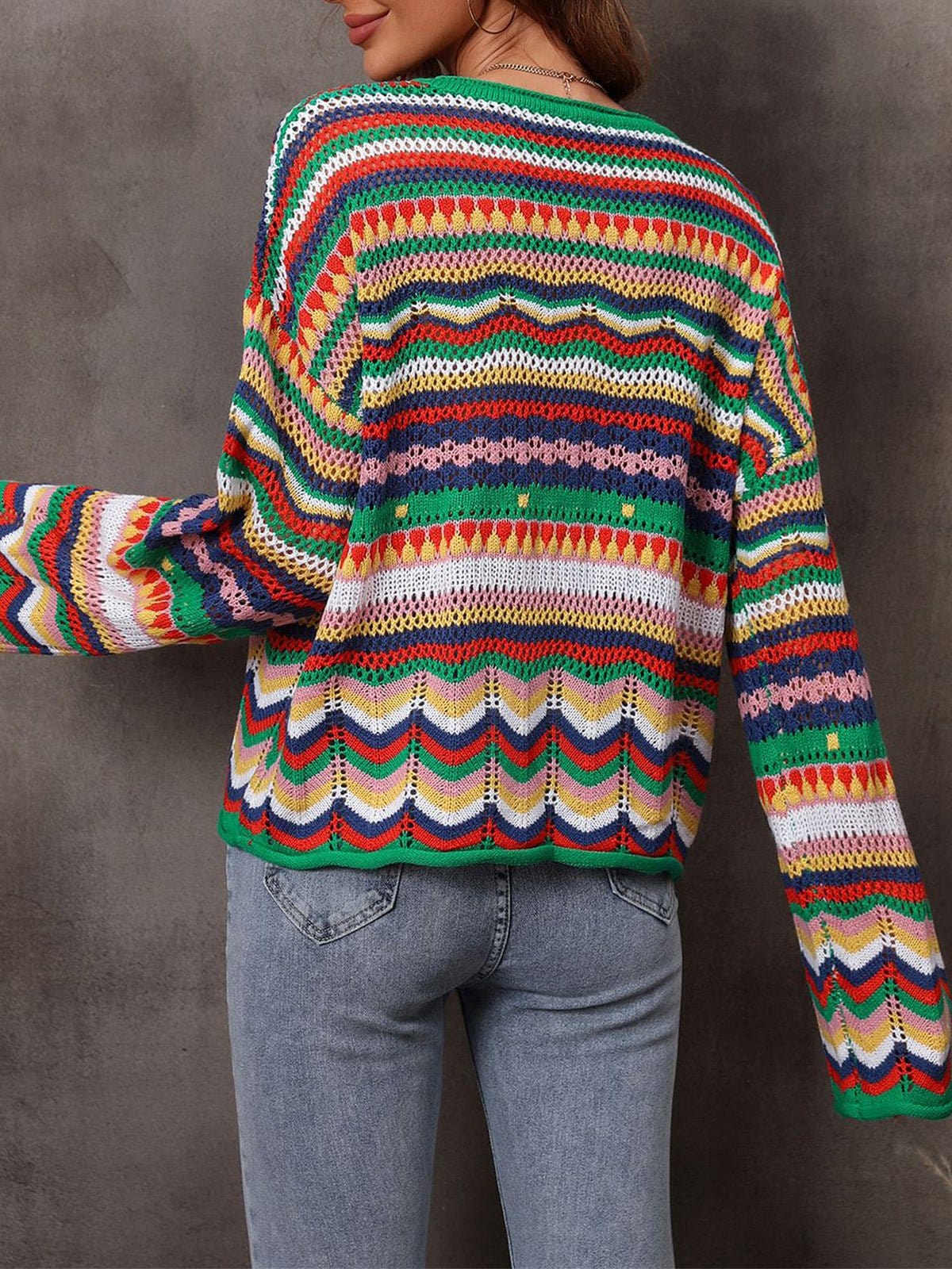 Hollow Stripe Long Sleeve Round Neck Sweater