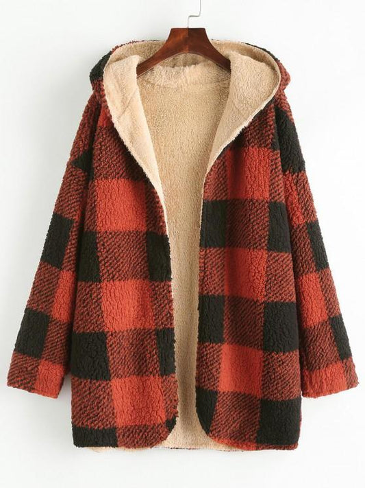 Hooded Checked Fluffy Borg Teddy Reversible Coat COA210308158REDS Red / S