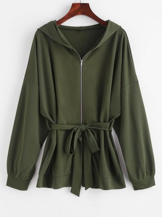Hooded Drop Shoulder Belted Coat COA210308136GRES Green / S