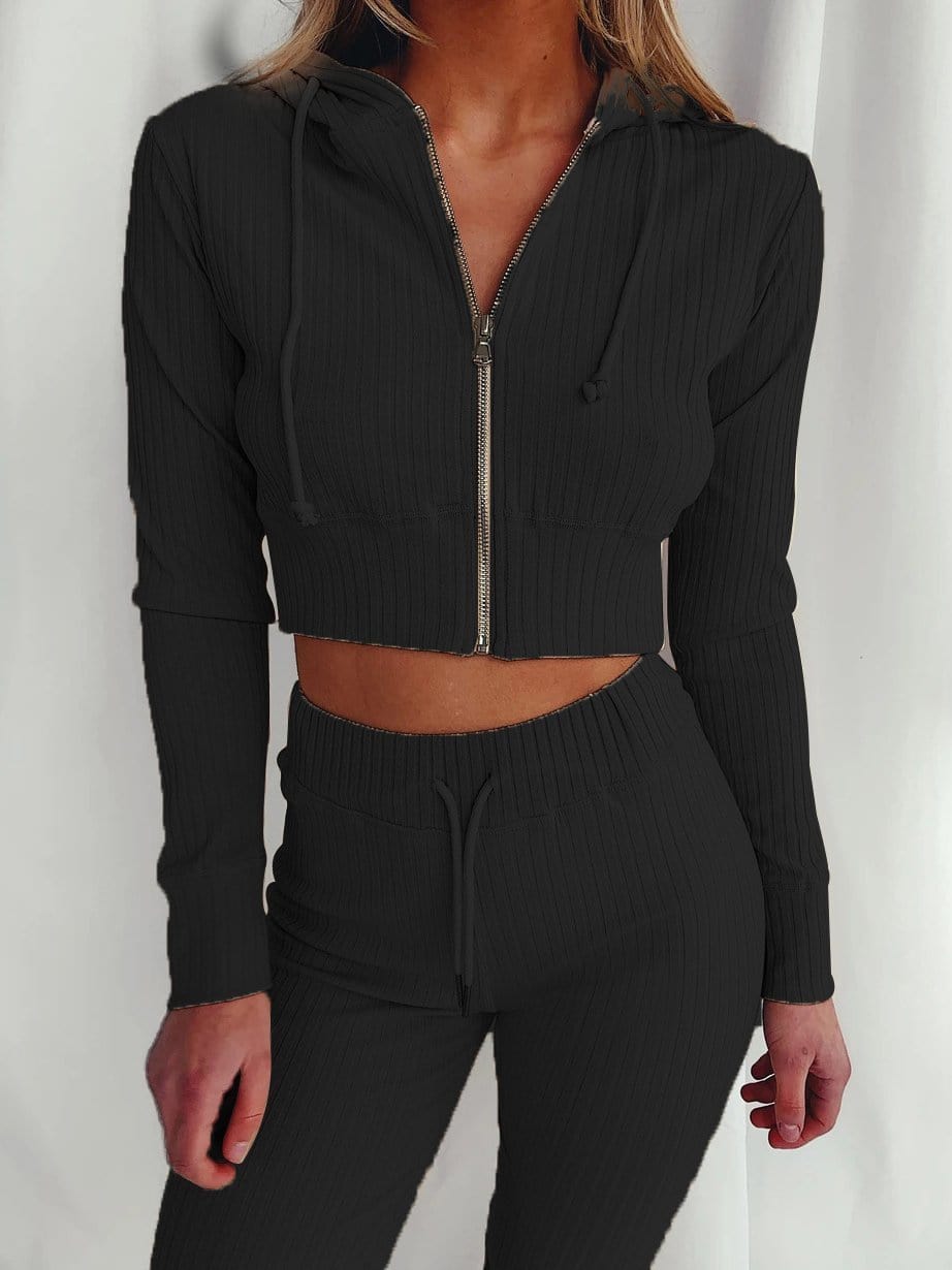 Hooded Long Sleeve Casual Sports Suit Set2106301136BLAS Black / S