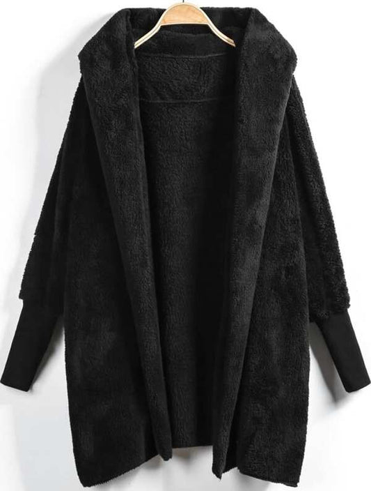 Hooded Open Front Fluffy Teddy Coat temp2021802120 One Size / Black
