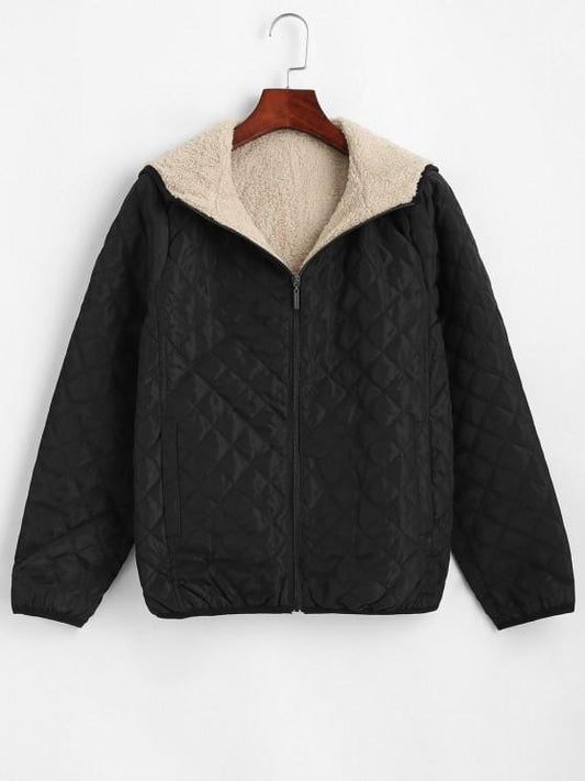 Hooded Pockets Fleece Lined Quilted Coat COA210305124BLAS Black / S