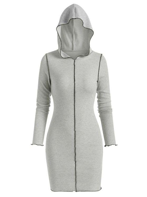 Hooded Rib-knit Slinky Topstitching Bodycon Dress for Women 1DRE210504011GRAS Gray / S