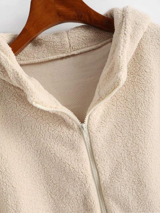 Hooded Zip Up Faux Shearling Pockets Coat