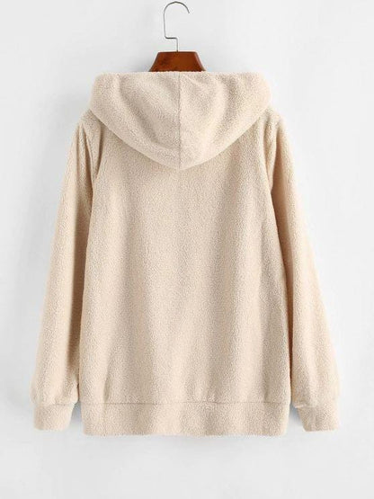 Hooded Zip Up Faux Shearling Pockets Coat