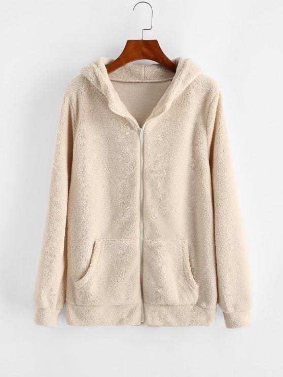 Hooded Zip Up Faux Shearling Pockets Coat for Women